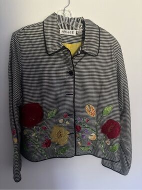 Anagee Women's Black & White Gingham Jacket with Floral Embroidery